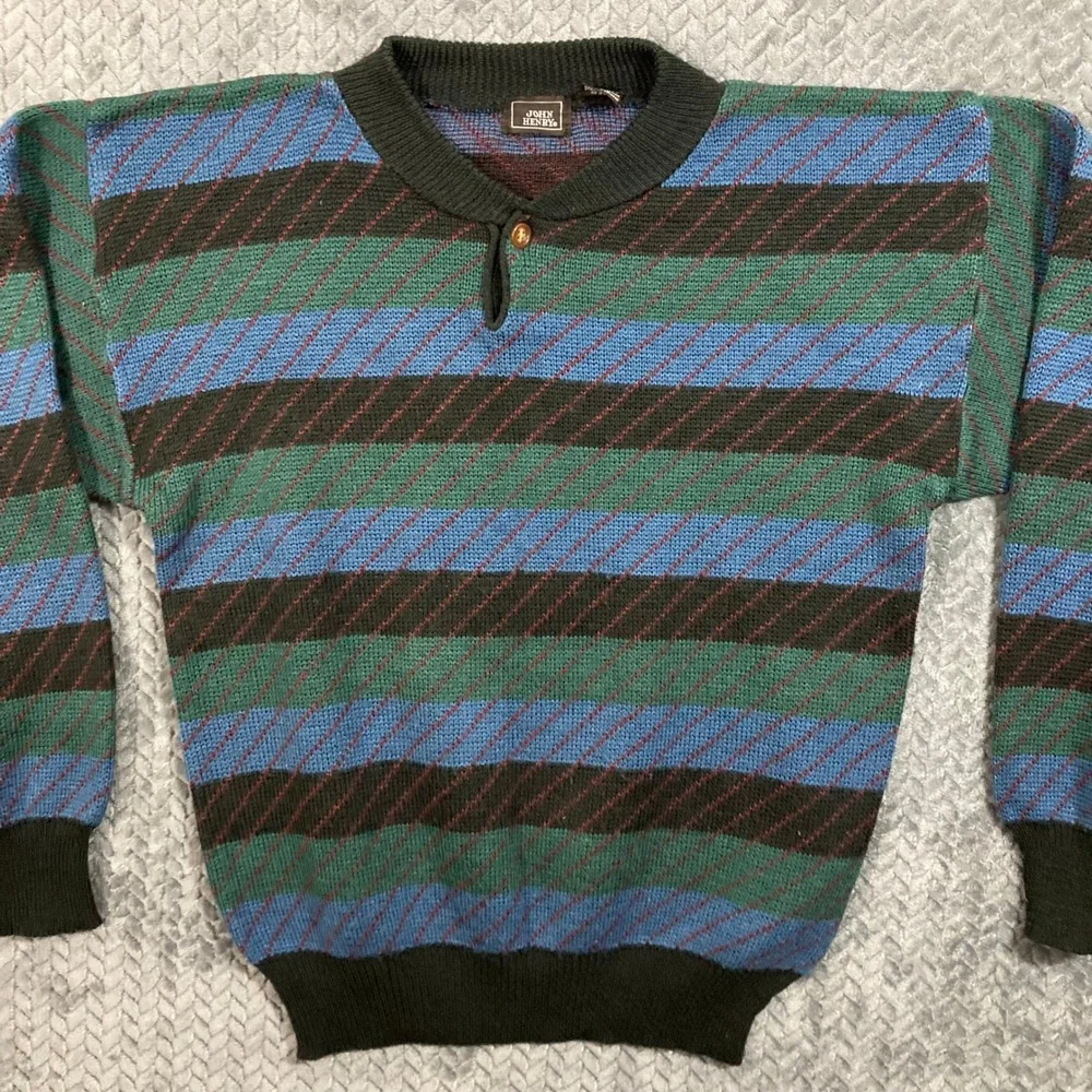 John Henry Sweater Mens L Vintage Henley Striped Multi-Color Button-Down